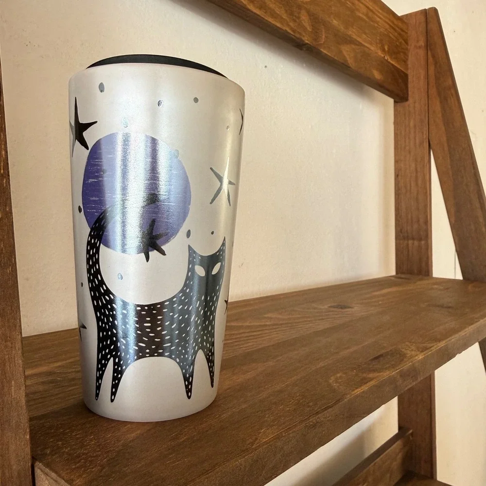 Starbucks Halloween 2020 Black Cat Moon Stars Ceramic Travel Tumbler 12 oz New